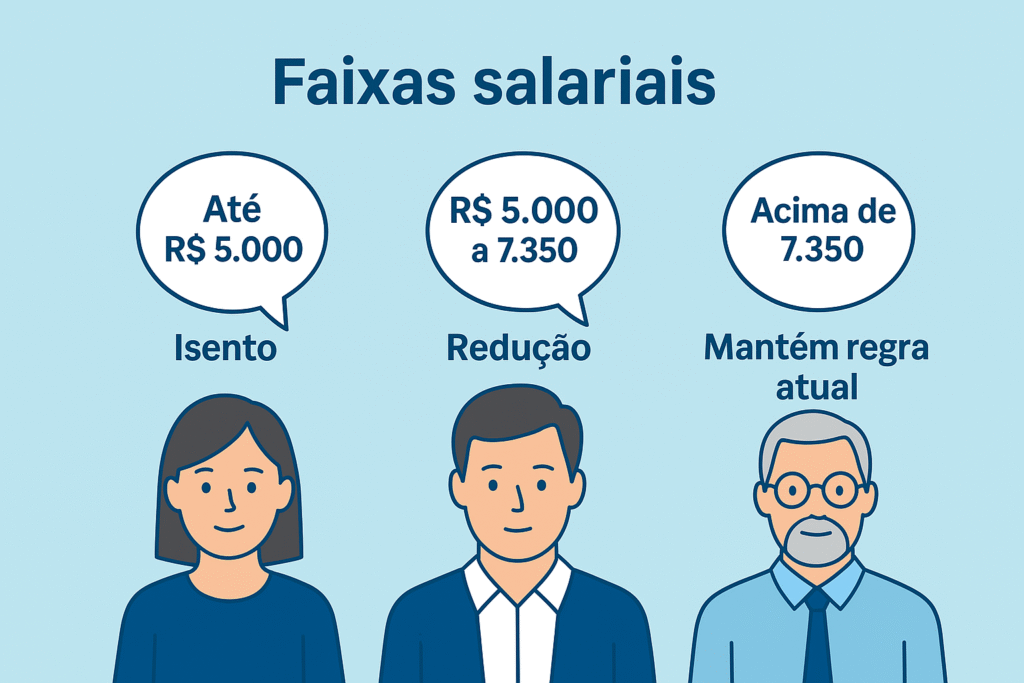 Infográfico mostra a nova regra do Imposto de Renda: até R$ 5.000 isento, de R$ 5.000 a R$ 7.350 com tributação reduzida, acima de R$ 7.350 mantém regra atual, e rendimentos acima de R$ 600 mil/ano terão tributação mínima progressiva.